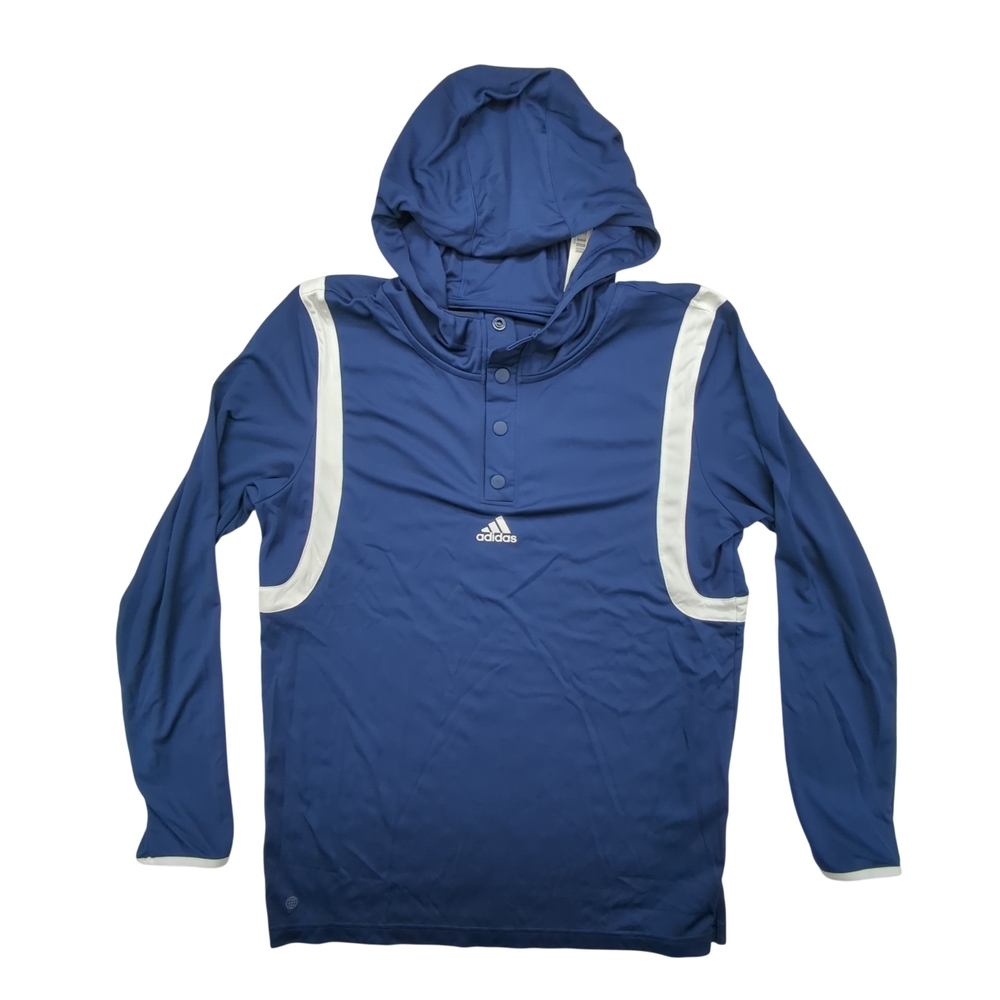Adidas Shirt Mens Medium Hooded Blue White Pullover Long Sleeve Recycled Poly